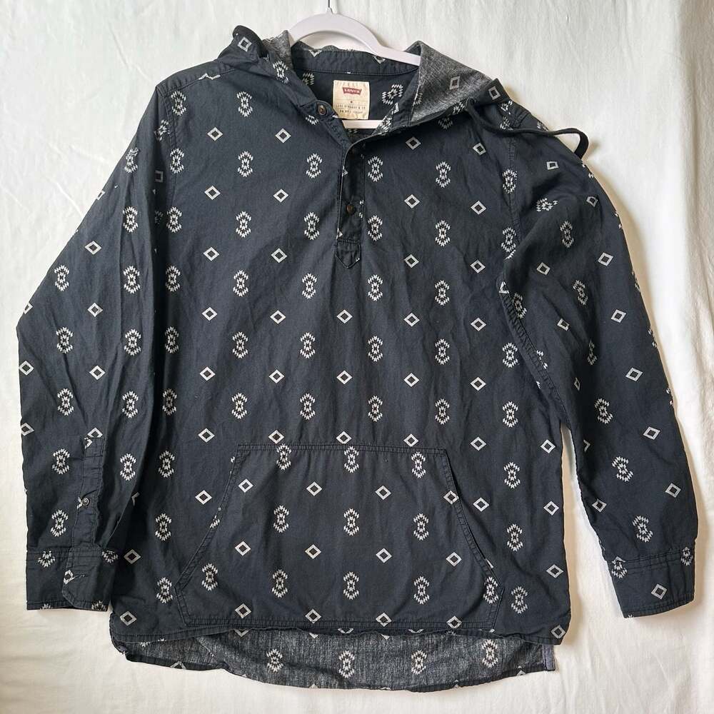 Levi's Men's Black Geometric Print Long Sleeve Pullover Hooded Shirt